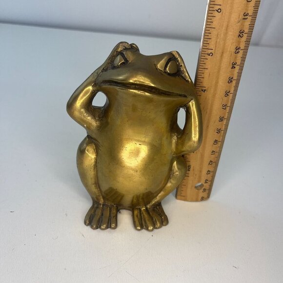 Brass Morality Frog Statue Hear No Evil Vintage MCM Whimsical Home Decor - Picture 6 of 7